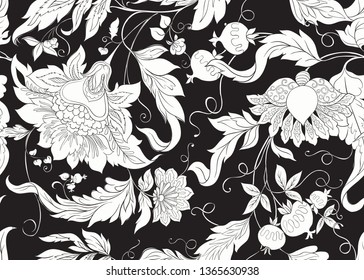 Seamless pattern with stylized ornamental flowers in retro, vintage style. Jacobin embroidery.  Black-and-white graphics. Vector illustration.