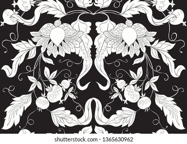 Seamless pattern with stylized ornamental flowers in retro, vintage style. Jacobin embroidery.  Black-and-white graphics. Vector illustration.