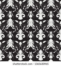 Seamless pattern with stylized ornamental flowers in retro, vintage style. Jacobin embroidery.  Black-and-white graphics. Vector illustration.