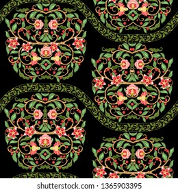 Seamless pattern with stylized ornamental flowers In soft orange and green colors. Jacobean embroidery. Colored vector illustration In soft orange and green colors. Isolated on black background.