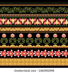 Seamless pattern with stylized ornamental flowers In soft orange and green colors. Jacobean embroidery. Colored vector illustration In soft orange and green colors. Isolated on black background.