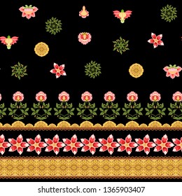 Seamless pattern with stylized ornamental flowers In soft orange and green colors. Jacobean embroidery. Colored vector illustration In soft orange and green colors. Isolated on black background.