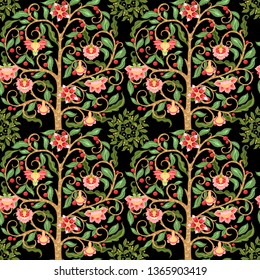 Seamless pattern with stylized ornamental flowers In soft orange and green colors. Jacobean embroidery. Colored vector illustration In soft orange and green colors. Isolated on black background.