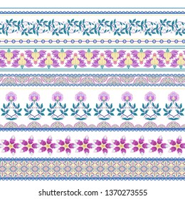 Seamless pattern with stylized ornamental flowers in retro, vintage style. Jacobean embroidery. Colored vector illustration In pink, blue, ultraviolet colors. Isolated on white background.