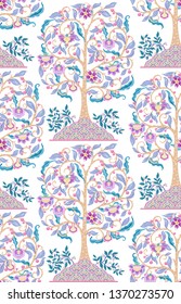 Seamless pattern with stylized ornamental flowers in retro, vintage style. Jacobean embroidery. Colored vector illustration In pink, blue, ultraviolet colors. Isolated on white background.