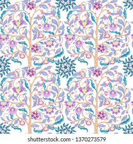 Seamless pattern with stylized ornamental flowers in retro, vintage style. Jacobean embroidery. Colored vector illustration In pink, blue, ultraviolet colors. Isolated on white background.