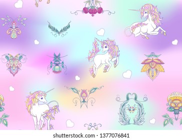 Seamless pattern with stylized ornamental flowers in retro, vintage style with unicorns. Jacobin embroidery. Colored vector illustration In pink, blue, ultraviolet colors on mesh background 