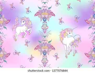 Seamless pattern with stylized ornamental flowers in retro, vintage style with unicorns. Jacobin embroidery. Colored vector illustration In pink, blue, ultraviolet colors on mesh background 