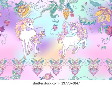 Seamless pattern with stylized ornamental flowers in retro, vintage style with unicorns. Jacobin embroidery. Colored vector illustration In pink, blue, ultraviolet colors on mesh background 