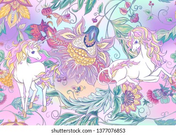 Seamless pattern with stylized ornamental flowers in retro, vintage style with unicorns. Jacobin embroidery. Colored vector illustration In pink, blue, ultraviolet colors on mesh background 