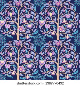 Seamless pattern with stylized ornamental flowers in retro, vintage style. Jacobean embroidery. Colored vector illustration In pink, blue, ultraviolet colors. On navy blue background.