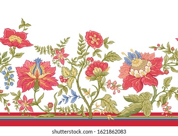 Seamless pattern with stylized ornamental flowers in retro, vintage style. Jacobin embroidery. Colored vector illustration isolated on white background.