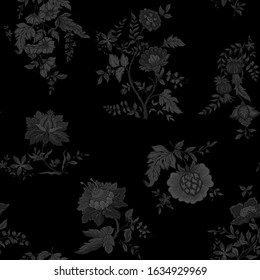 Seamless pattern with stylized ornamental flowers in retro, vintage style. Jacobin embroidery. Colored vector illustration in minimalistic black color.