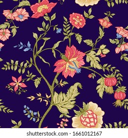 Seamless pattern with stylized ornamental flowers in retro, vintage style. Jacobin embroidery. Colored vector illustration on blue background.