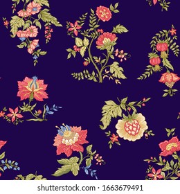 Seamless pattern with stylized ornamental flowers in retro, vintage style. Jacobin embroidery. Colored vector illustration on blue background.