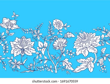 Seamless pattern with stylized ornamental flowers in retro, vintage style. Jacobin embroidery. Outline vector illustration on blue background.