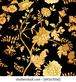 Seamless pattern with stylized ornamental flowers in retro, vintage style. Jacobin embroidery. Vector illustration In gold and black.