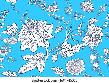 Patrón inoxidable con flores ornamentales estilizadas en estilo retro, vintage. Borde jacobino. Dibujo vector de esquema en fondo azul.
