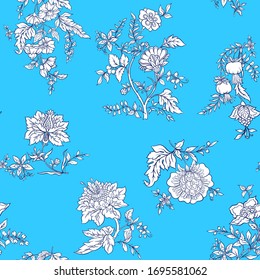 Seamless pattern with stylized ornamental flowers in retro, vintage style. Jacobin embroidery. Outline vector illustration on blue background.