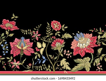 Seamless pattern with stylized ornamental flowers in retro, vintage style. Jacobin embroidery imitation. Colored vector illustration on black background.