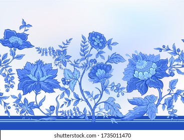 Seamless pattern with stylized ornamental flowers in retro, vintage style. Jacobin embroidery. Vector illustration In blue colors