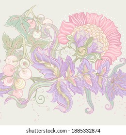 Nahtloses Muster mit stilisierten Zierblumen im Retro-, Vintage-Stil. Jacobinstickerei. Farbige Vektorgrafik einzeln auf weißem Hintergrund.