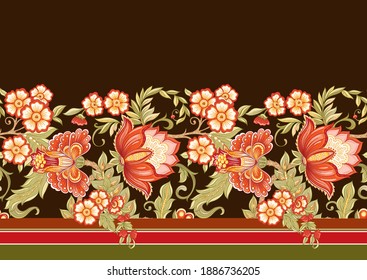 Seamless pattern with stylized ornamental flowers in retro, vintage style. Jacobin embroidery. Colored vector illustration in red and green colors on brown background