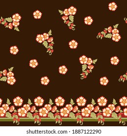Seamless pattern with stylized ornamental flowers in retro, vintage style. Jacobin embroidery. Colored vector illustration in red and green colors on brown background