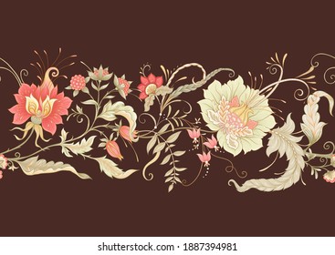 Seamless pattern with stylized ornamental flowers in retro, vintage style. Jacobin embroidery. Colored vector illustration on chocolade brown background.