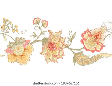 Seamless pattern with stylized ornamental flowers in retro, vintage style. Jacobin embroidery. Colored vector illustration isolated on white background.