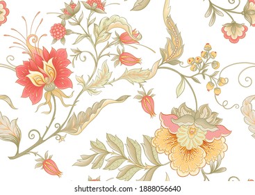 Patrón sin foco con flores ornamentales estilizadas en estilo retro, vintage. Borde de Jacobin. Ilustración vectorial de color aislada en fondo blanco.