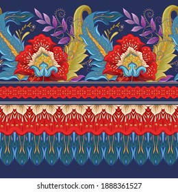 Seamless pattern with stylized ornamental flowers in retro, vintage style. Jacobin embroidery. Colored vector illustration isolated on white background.