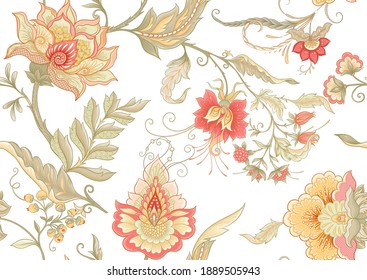 Seamless pattern with stylized ornamental flowers in retro, vintage style. Jacobin embroidery. Colored vector illustration isolated on white background.