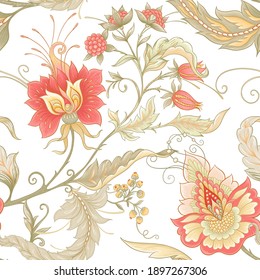 Nahtloses Muster mit stilisierten Zierblumen im Retro-, Vintage-Stil. Jacobinstickerei. Farbige Vektorgrafik einzeln auf weißem Hintergrund.