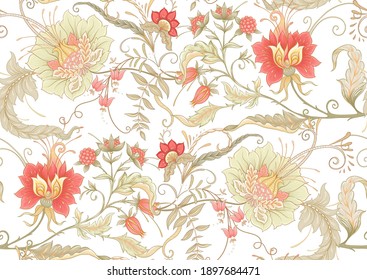 Seamless pattern with stylized ornamental flowers in retro, vintage style. Jacobin embroidery. Colored vector illustration isolated on white background.