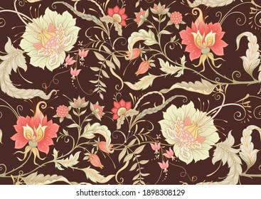 Seamless pattern with stylized ornamental flowers in retro, vintage style. Jacobin embroidery. Colored vector illustration on chocolade brown background.