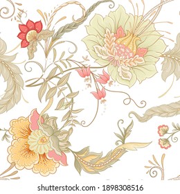 Seamless pattern with stylized ornamental flowers in retro, vintage style. Jacobin embroidery. Colored vector illustration isolated on white background.