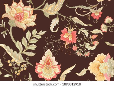 Seamless pattern with stylized ornamental flowers in retro, vintage style. Jacobin embroidery. Colored vector illustration on chocolade brown background.