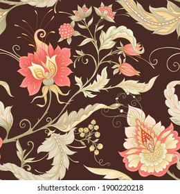 Seamless pattern with stylized ornamental flowers in retro, vintage style. Jacobin embroidery. Colored vector illustration on chocolade brown background.