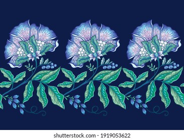 Seamless pattern with stylized ornamental flowers in retro, vintage style. Jacobin embroidery. Colored vector illustration on navy blue background.
