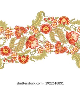 Seamless pattern with stylized ornamental flowers in retro, vintage style. Jacobin embroidery. Colored vector illustration isolated on white background.