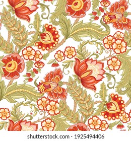 Seamless pattern with stylized ornamental flowers in retro, vintage style. Jacobin embroidery. Colored vector illustration isolated on white background.