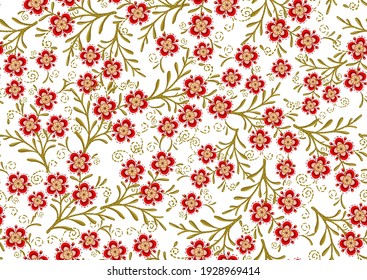 Seamless pattern with stylized ornamental flowers in retro, vintage style. Jacobin embroidery. Colored vector illustration isolated on white background.