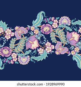 Seamless pattern with stylized ornamental flowers in retro, vintage style. Jacobin embroidery. Colored vector illustration isolated on white background.