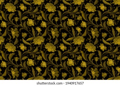 Patrón sin foco con flores ornamentales estilizadas en oro y retro negro.