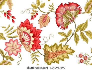 Seamless pattern with stylized ornamental flowers in retro, vintage style. Jacobin embroidery. Colored vector illustration isolated on white background.