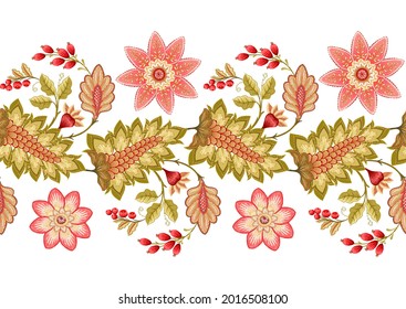 Motif harmonieux de fleurs ornementales stylisées dans un style rétro et vintage. La broderie de Jacobin. Illustration vectorielle colorée isolée sur fond blanc.