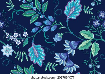 Seamless pattern with stylized ornamental flowers in retro, vintage style. Jacobin embroidery. Colored vector illustration on navy blue background.