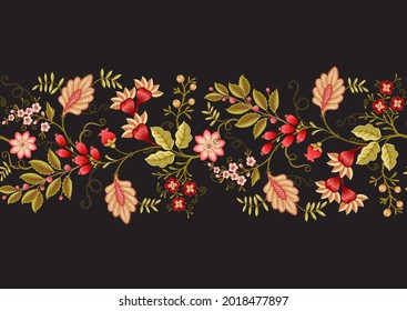 Seamless pattern with stylized ornamental flowers in retro, vintage style. Jacobin embroidery. Colored vector illustration isolated on black background.