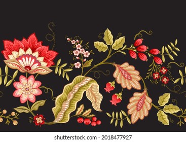 Nahtloses Muster mit stilisierten Zierblumen im Retro-, Vintage-Stil. Jacobinstickerei. Farbige Vektorgrafik einzeln auf schwarzem Hintergrund.